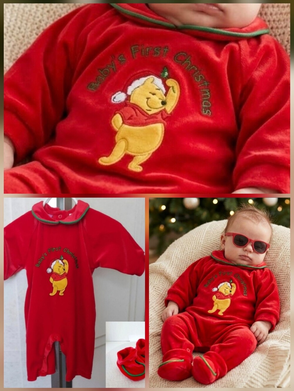 💙Disney Winnie the Pooh velvety "Baby's First Christmas" one piece 🤍0/3M